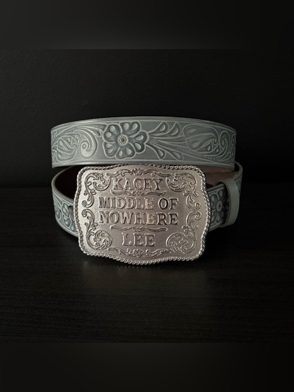 NEW Kacey Musgraves Lee Embossed Blue Leather Belt Middle of Nowhere Buckle